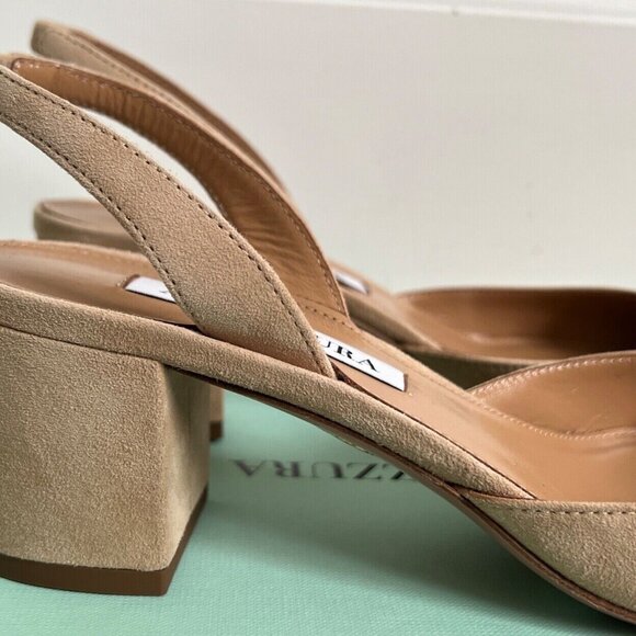 Aquazzura Talita Beige New Nude Suede Block Heel Slingback Pumps - Picture 10 of 14